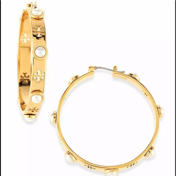 TORY BURCH GOLD EARRINGS TT CUT OUTS & PEARLS NEW! SuUd - Picture 3 of 6